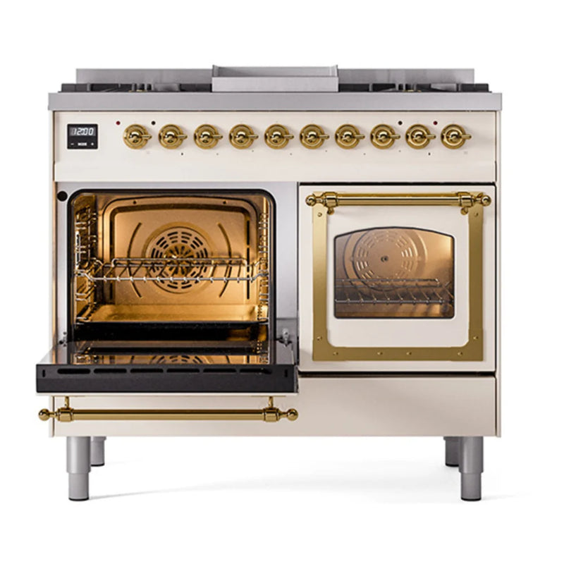 ILVE Nostalgie II Noblesse 40" Dual Fuel Freestanding Range in Antique White with Brass Trim, UND40FNMPAWGLP