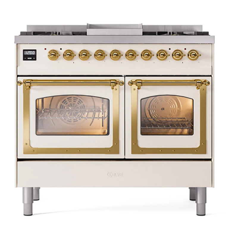 ILVE Nostalgie II Noblesse 40" Dual Fuel Freestanding Range in Antique White with Brass Trim, UND40FNMPAWGLP