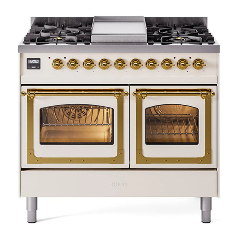 ILVE Nostalgie II Noblesse 40" Dual Fuel Freestanding Range in Antique White with Brass Trim, UND40FNMPAWG