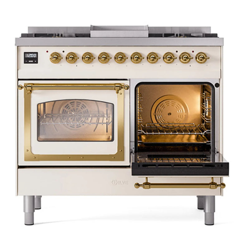 ILVE Nostalgie II Noblesse 40" Dual Fuel Freestanding Range in Antique White with Brass Trim, UND40FNMPAWG