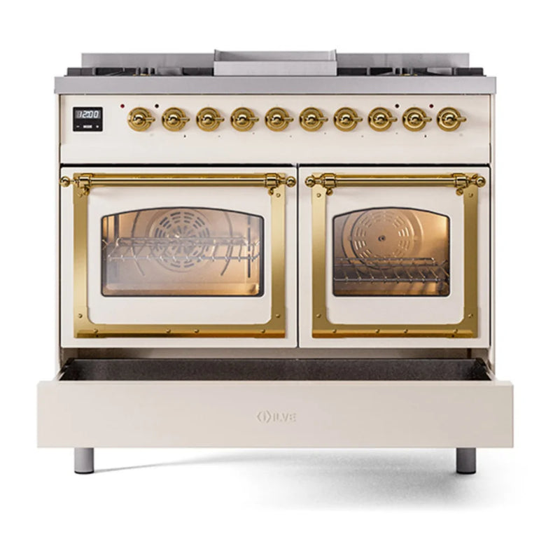 ILVE Nostalgie II Noblesse 40" Dual Fuel Freestanding Range in Antique White with Brass Trim, UND40FNMPAWG