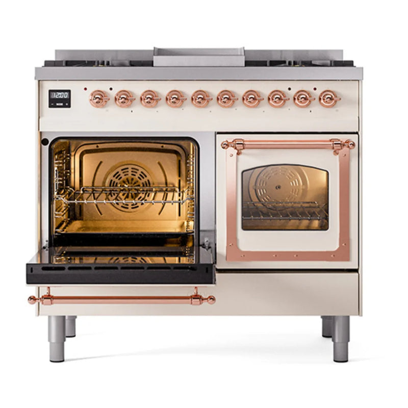 ILVE Nostalgie II Noblesse 40" Dual Fuel Freestanding Range in Antique White with Copper Trim, UND40FNMPAWPLP