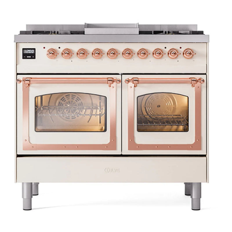 ILVE Nostalgie II Noblesse 40" Dual Fuel Freestanding Range in Antique White with Copper Trim, UND40FNMPAWPLP