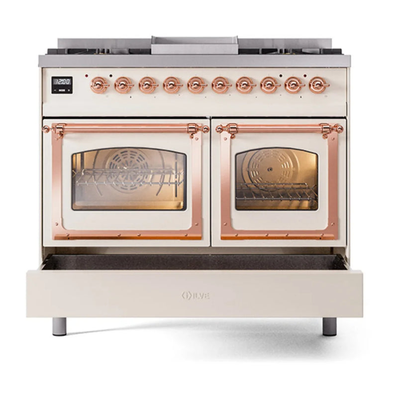 ILVE Nostalgie II Noblesse 40" Dual Fuel Freestanding Range in Antique White with Copper Trim, UND40FNMPAWPLP