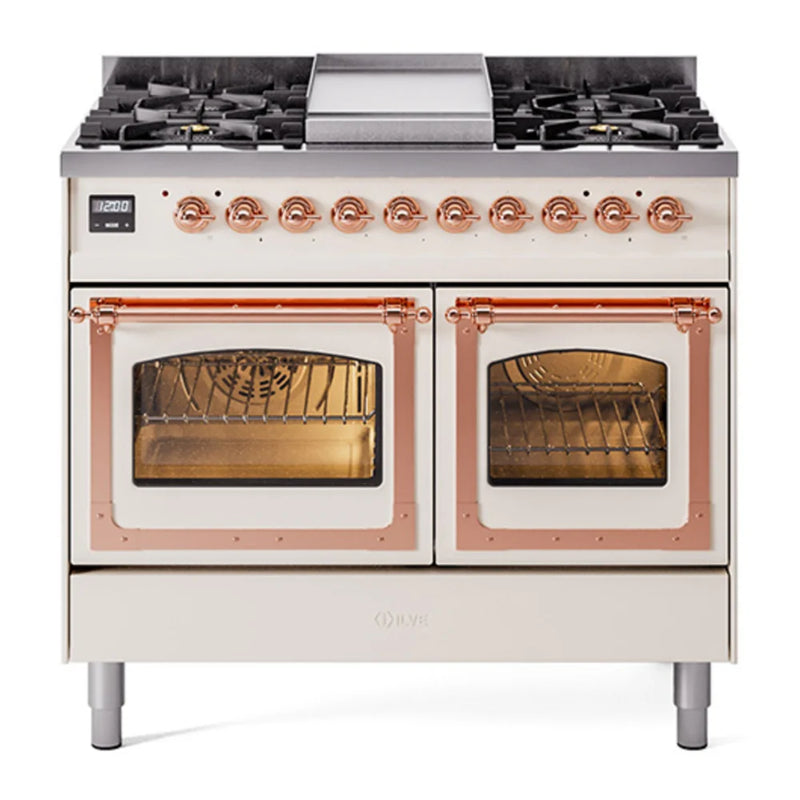 ILVE Nostalgie II Noblesse 40" Dual Fuel Freestanding Range in Antique White with Copper Trim, UND40FNMPAWP