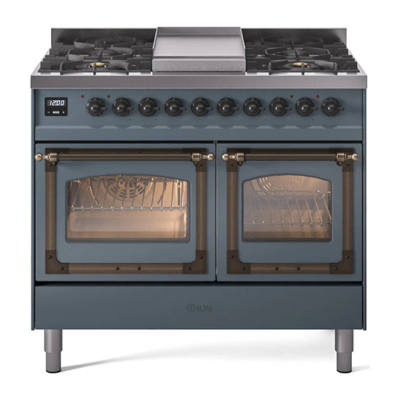 ILVE Nostalgie II Noblesse 40" Dual Fuel Freestanding Range in Blue Grey with Burnished Trim, UND40FNMPBGB