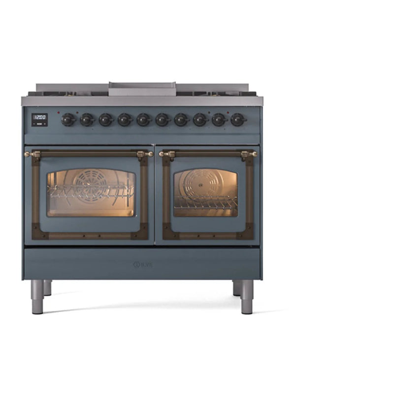 ILVE Nostalgie II Noblesse 40" Dual Fuel Freestanding Range in Blue Grey with Burnished Trim, UND40FNMPBGB