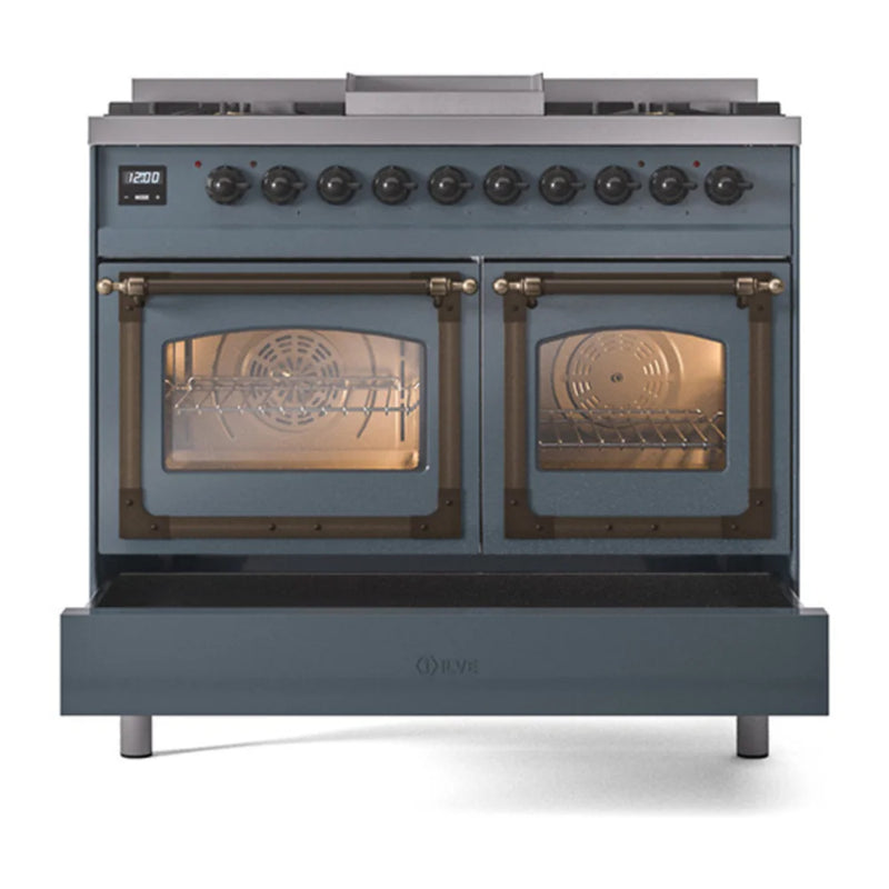 ILVE Nostalgie II Noblesse 40" Dual Fuel Freestanding Range in Blue Grey with Burnished Trim, UND40FNMPBGB