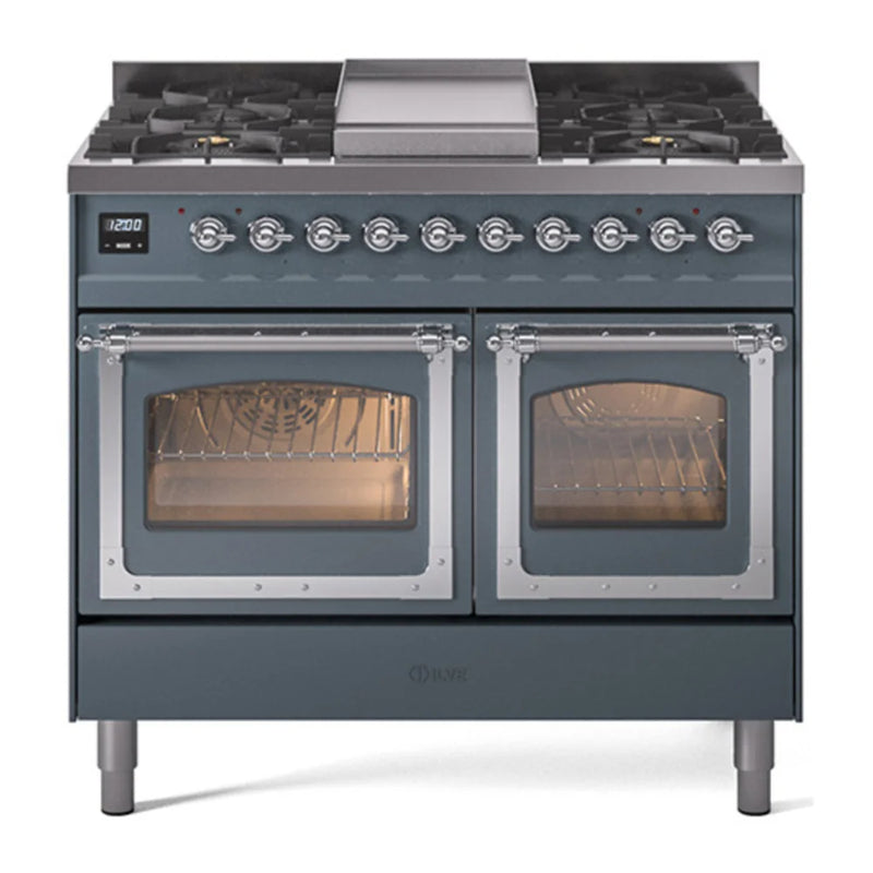 ILVE Nostalgie II Noblesse 40" Dual Fuel Freestanding Range in Blue Grey with Chrome Trim, UND40FNMPBGCLP