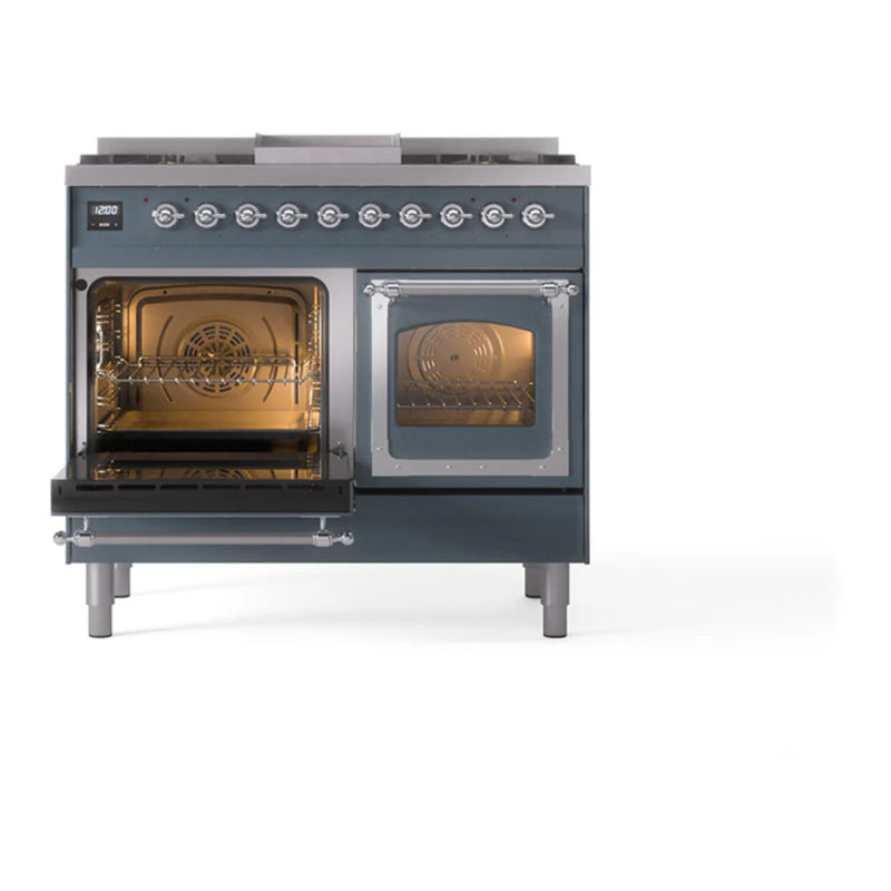 ILVE Nostalgie II Noblesse 40" Dual Fuel Freestanding Range in Blue Grey with Chrome Trim, UND40FNMPBGCLP
