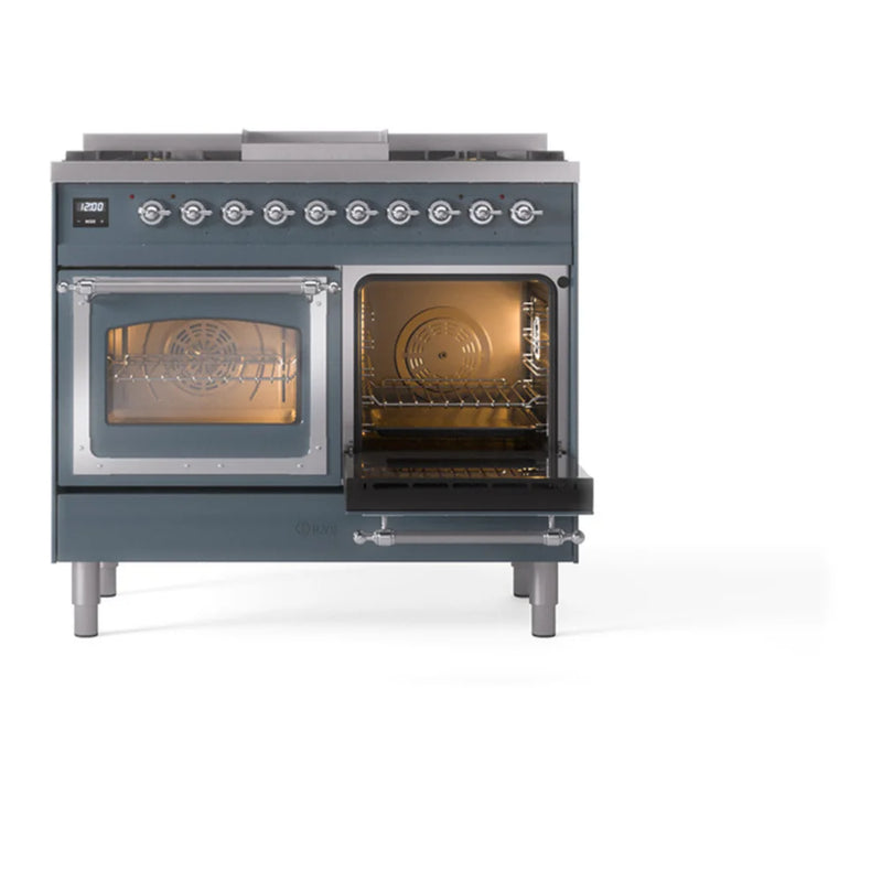ILVE Nostalgie II Noblesse 40" Dual Fuel Freestanding Range in Blue Grey with Chrome Trim, UND40FNMPBGCLP