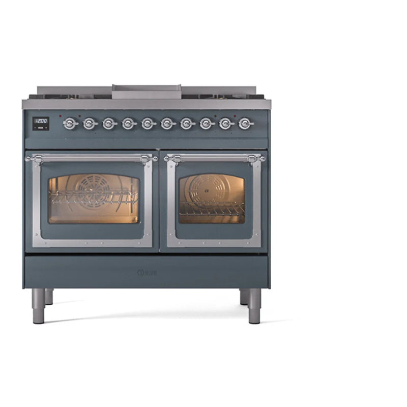 ILVE Nostalgie II Noblesse 40" Dual Fuel Freestanding Range in Blue Grey with Chrome Trim, UND40FNMPBGCLP