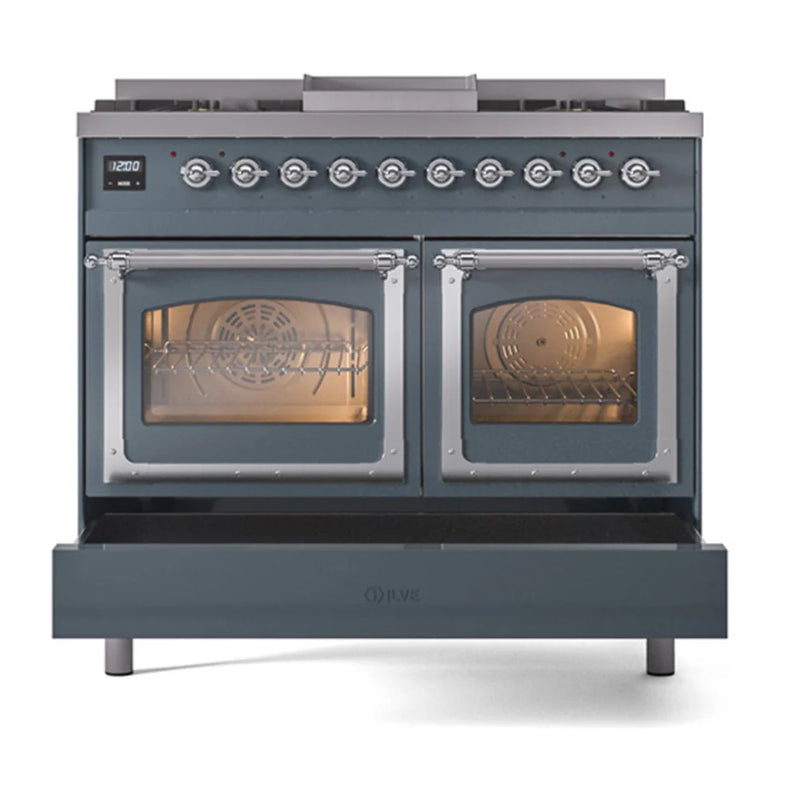 ILVE Nostalgie II Noblesse 40" Dual Fuel Freestanding Range in Blue Grey with Chrome Trim, UND40FNMPBGCLP