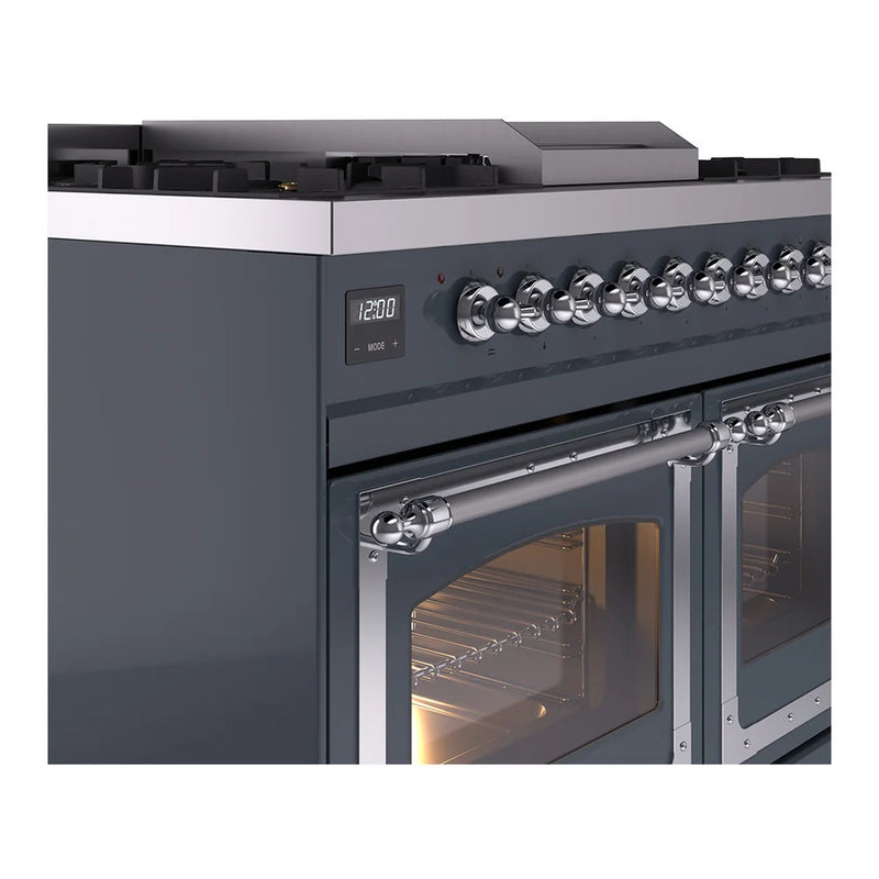 ILVE Nostalgie II Noblesse 40" Dual Fuel Freestanding Range in Blue Grey with Chrome Trim, UND40FNMPBGCLP