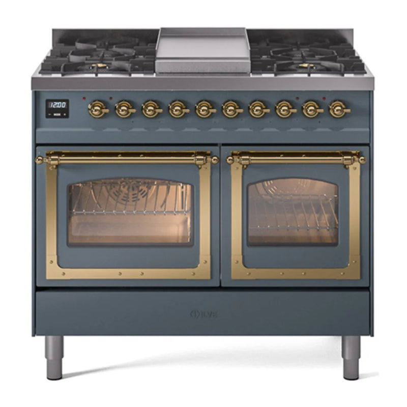 ILVE Nostalgie II Noblesse 40" Dual Fuel Freestanding Range in Blue Grey with Brass Trim, UND40FNMPBGGLP