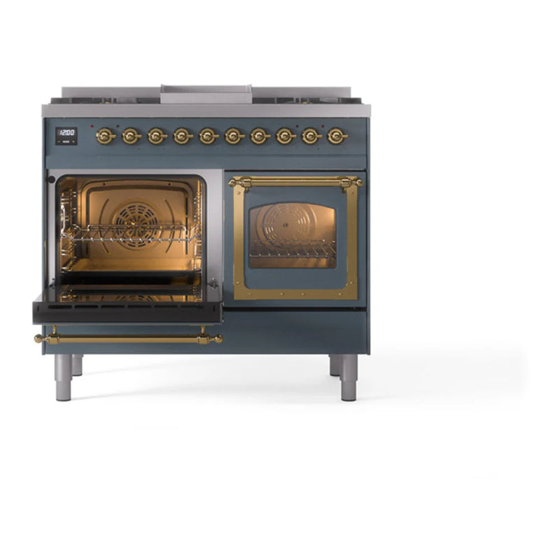 ILVE Nostalgie II Noblesse 40" Dual Fuel Freestanding Range in Blue Grey with Brass Trim, UND40FNMPBGGLP