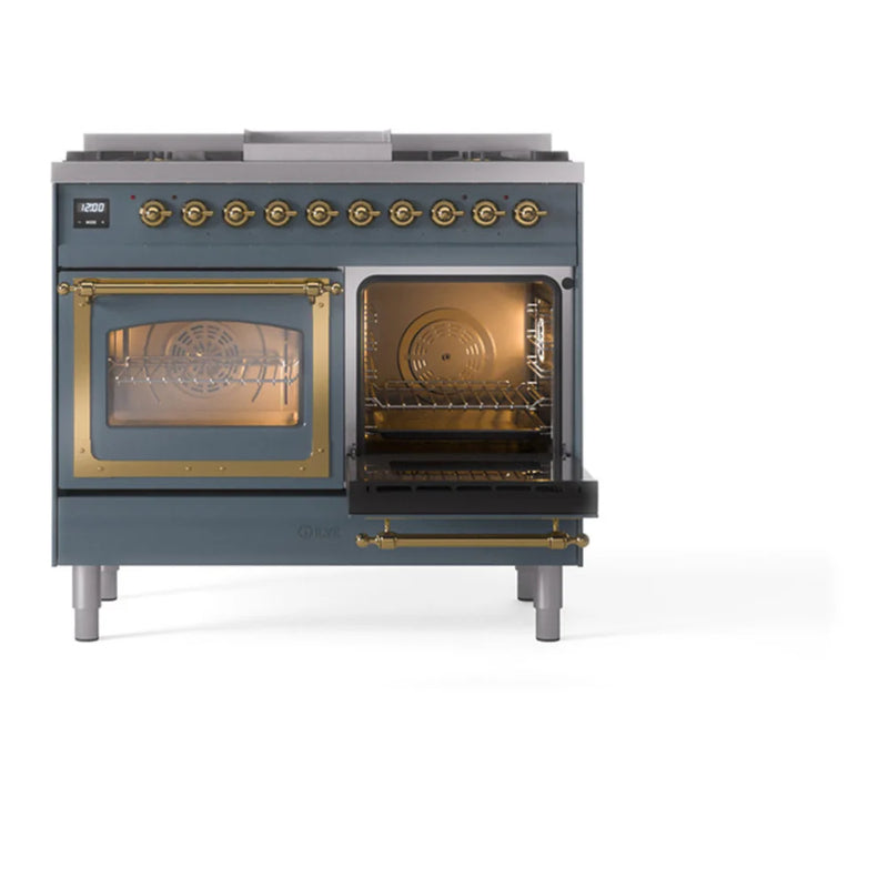 ILVE Nostalgie II Noblesse 40" Dual Fuel Freestanding Range in Blue Grey with Brass Trim, UND40FNMPBGGLP