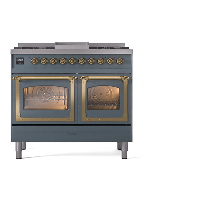 ILVE Nostalgie II Noblesse 40" Dual Fuel Freestanding Range in Blue Grey with Brass Trim, UND40FNMPBGGLP