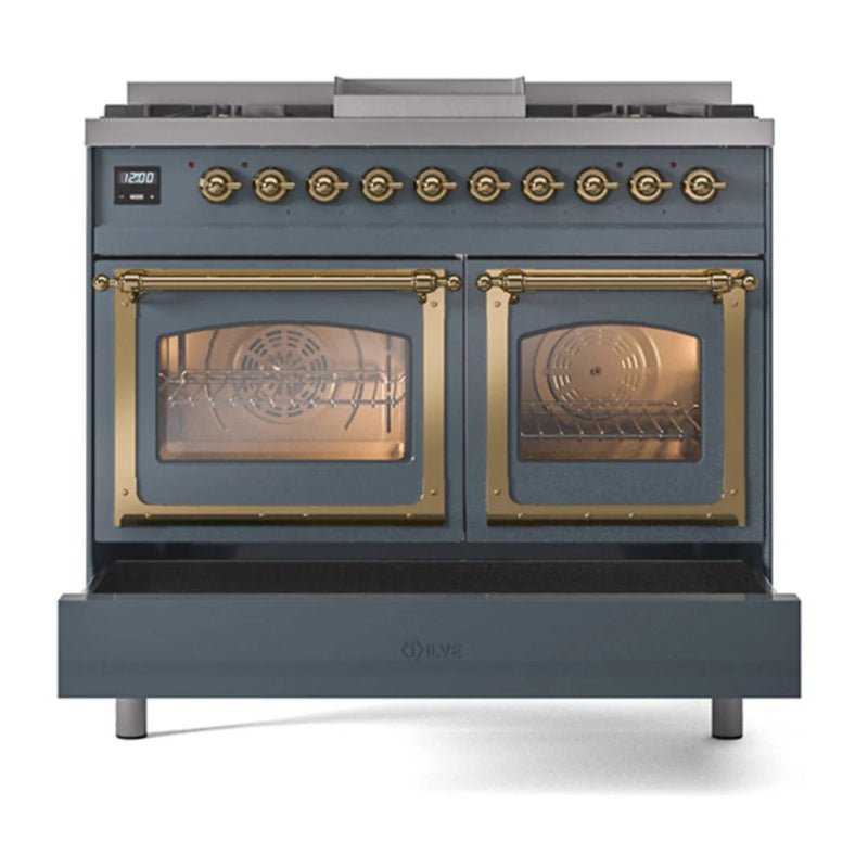 ILVE Nostalgie II Noblesse 40" Dual Fuel Freestanding Range in Blue Grey with Brass Trim, UND40FNMPBGGLP