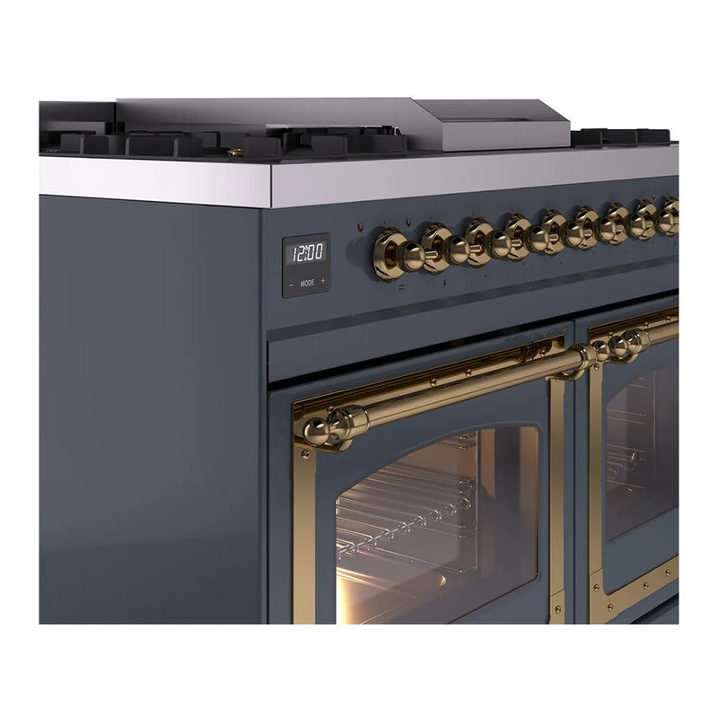 ILVE Nostalgie II Noblesse 40" Dual Fuel Freestanding Range in Blue Grey with Brass Trim, UND40FNMPBGGLP