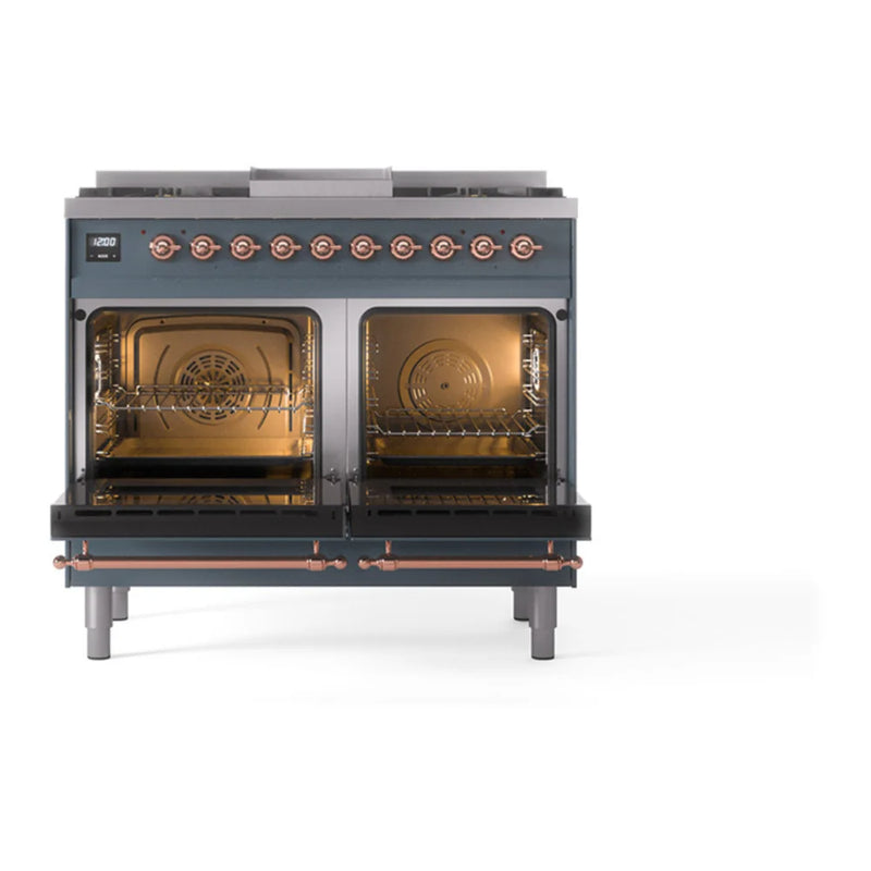 ILVE Nostalgie II Noblesse 40" Dual Fuel Freestanding Range in Blue Grey with Copper Trim, UND40FNMPBGPLP