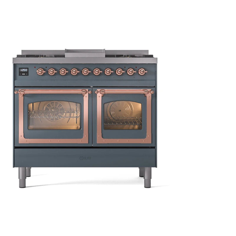 ILVE Nostalgie II Noblesse 40" Dual Fuel Freestanding Range in Blue Grey with Copper Trim, UND40FNMPBGPLP