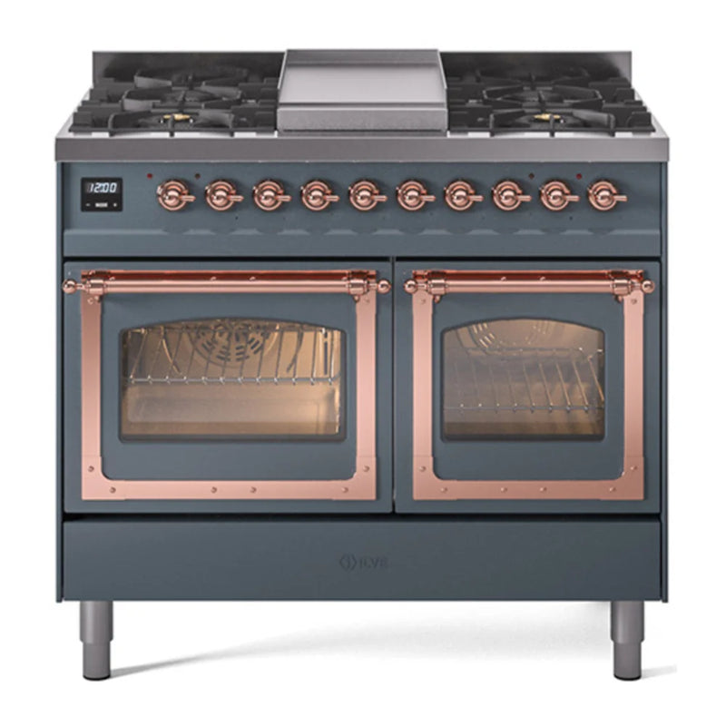 ILVE Nostalgie II Noblesse 40" Dual Fuel Freestanding Range in Blue Grey with Copper Trim, UND40FNMPBGP