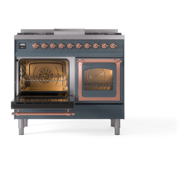 ILVE Nostalgie II Noblesse 40" Dual Fuel Freestanding Range in Blue Grey with Copper Trim, UND40FNMPBGP