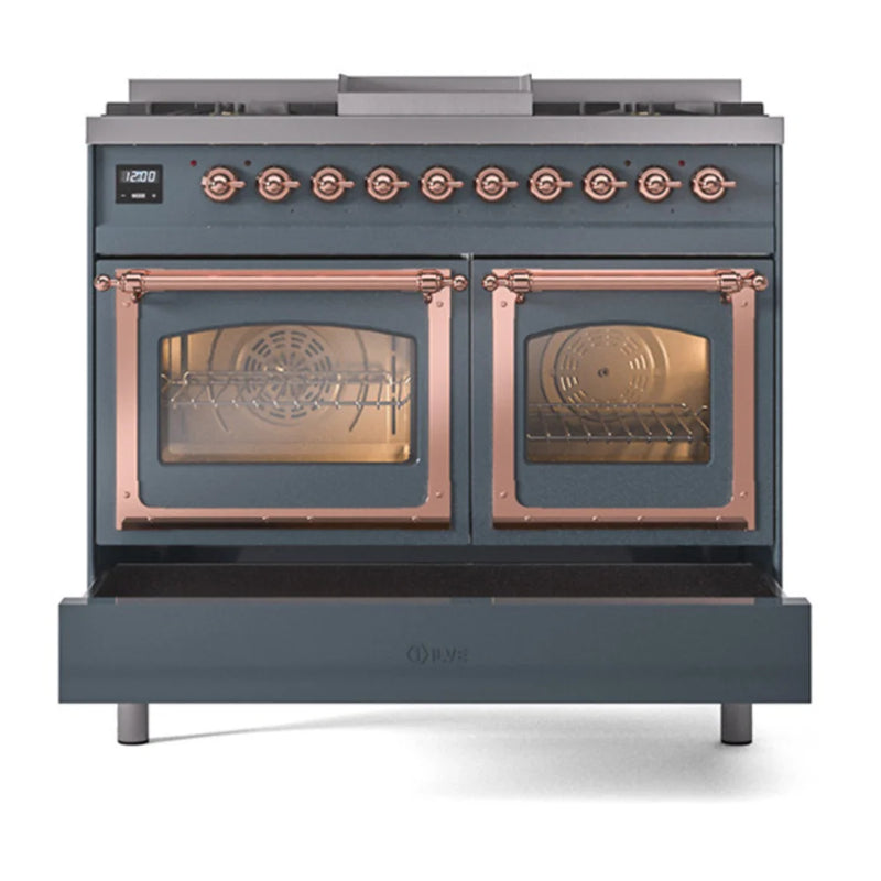 ILVE Nostalgie II Noblesse 40" Dual Fuel Freestanding Range in Blue Grey with Copper Trim, UND40FNMPBGP