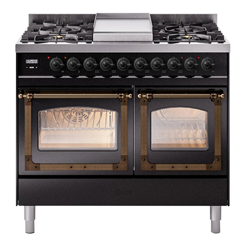 ILVE Nostalgie II Noblesse 40" Dual Fuel Freestanding Range in Glossy Black with Burnished Trim, UND40FNMPBKBLP