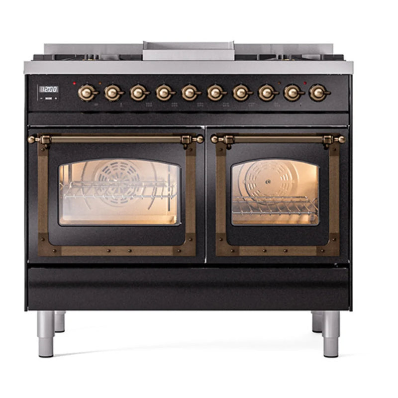 ILVE Nostalgie II Noblesse 40" Dual Fuel Freestanding Range in Glossy Black with Burnished Trim, UND40FNMPBKBLP