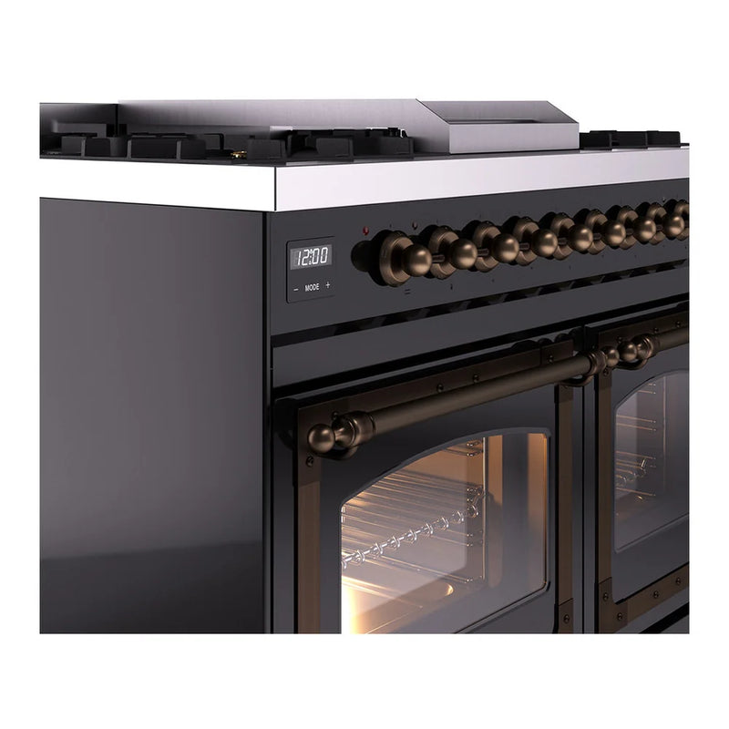 ILVE Nostalgie II Noblesse 40" Dual Fuel Freestanding Range in Glossy Black with Burnished Trim, UND40FNMPBKBLP