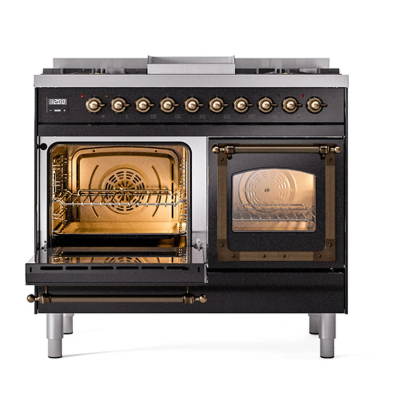 ILVE Nostalgie II Noblesse 40" Dual Fuel Freestanding Range in Glossy Black with Burnished Trim, UND40FNMPBKB
