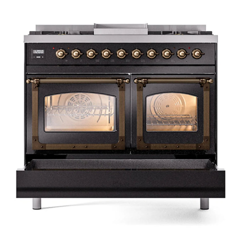 ILVE Nostalgie II Noblesse 40" Dual Fuel Freestanding Range in Glossy Black with Burnished Trim, UND40FNMPBKB