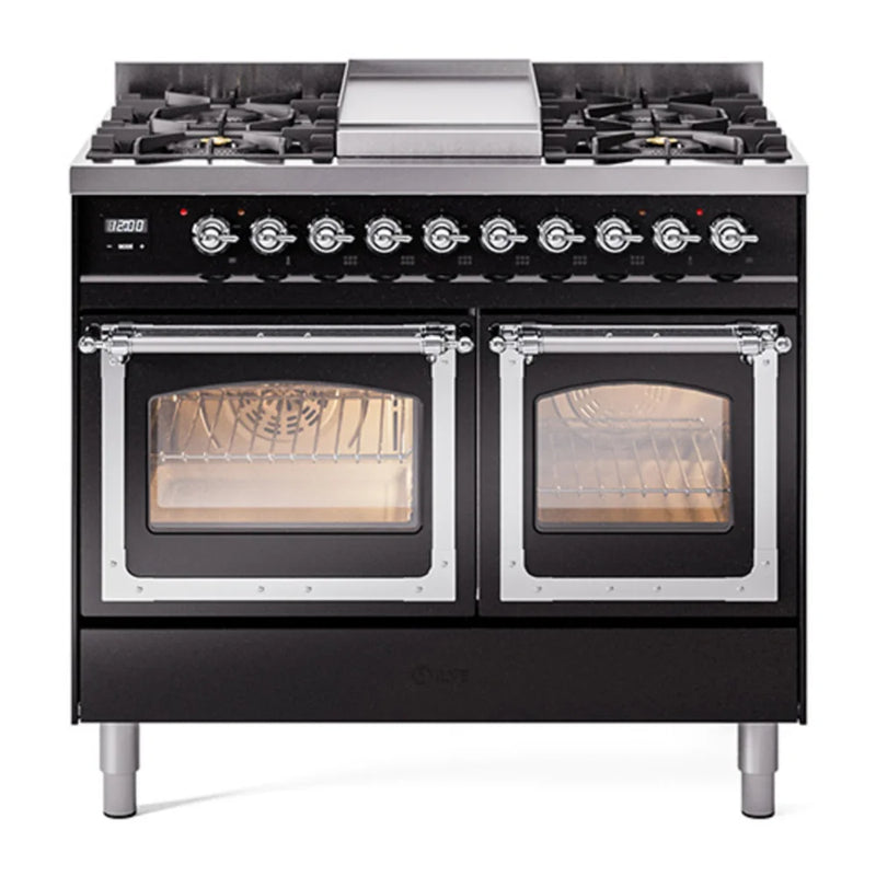 ILVE Nostalgie II Noblesse 40" Dual Fuel Freestanding Range in Glossy Black with Chrome Trim, UND40FNMPBKCLP