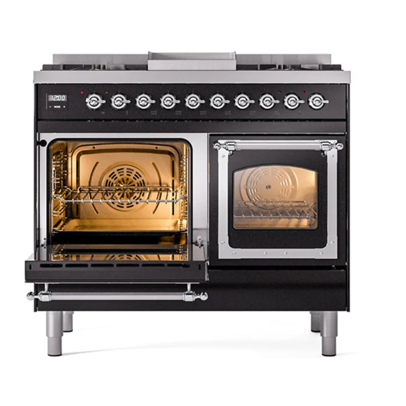 ILVE Nostalgie II Noblesse 40" Dual Fuel Freestanding Range in Glossy Black with Chrome Trim, UND40FNMPBKCLP