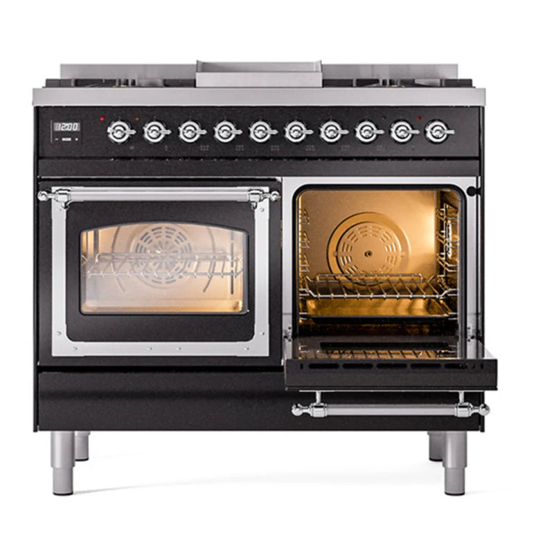ILVE Nostalgie II Noblesse 40" Dual Fuel Freestanding Range in Glossy Black with Chrome Trim, UND40FNMPBKCLP