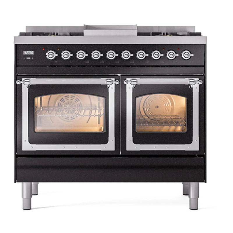 ILVE Nostalgie II Noblesse 40" Dual Fuel Freestanding Range in Glossy Black with Chrome Trim, UND40FNMPBKCLP