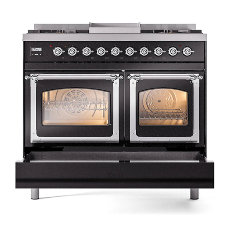 ILVE Nostalgie II Noblesse 40" Dual Fuel Freestanding Range in Glossy Black with Chrome Trim, UND40FNMPBKCLP