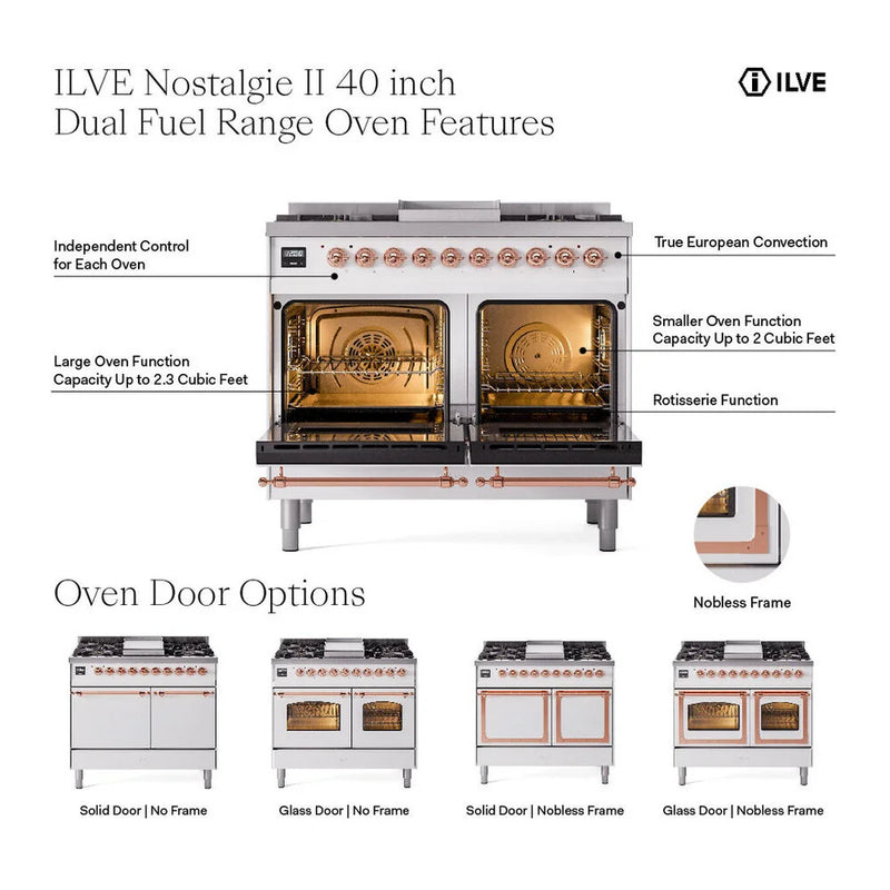 ILVE Nostalgie II Noblesse 40" Dual Fuel Freestanding Range in Glossy Black with Chrome Trim, UND40FNMPBKC