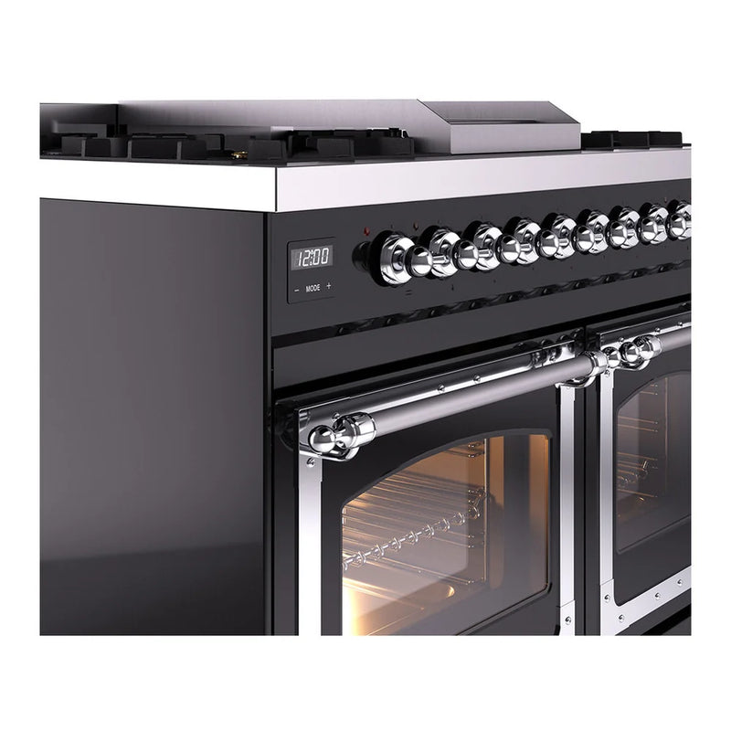 ILVE Nostalgie II Noblesse 40" Dual Fuel Freestanding Range in Glossy Black with Chrome Trim, UND40FNMPBKC