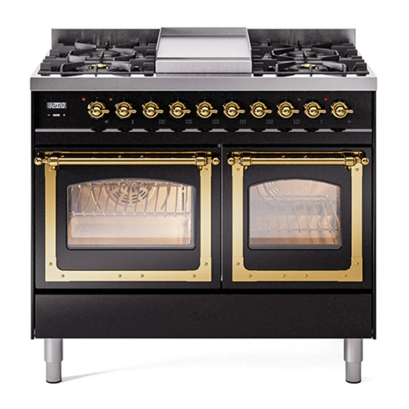 ILVE Nostalgie II Noblesse 40" Dual Fuel Freestanding Range in Glossy Black with Brass Trim, UND40FNMPBKGLP