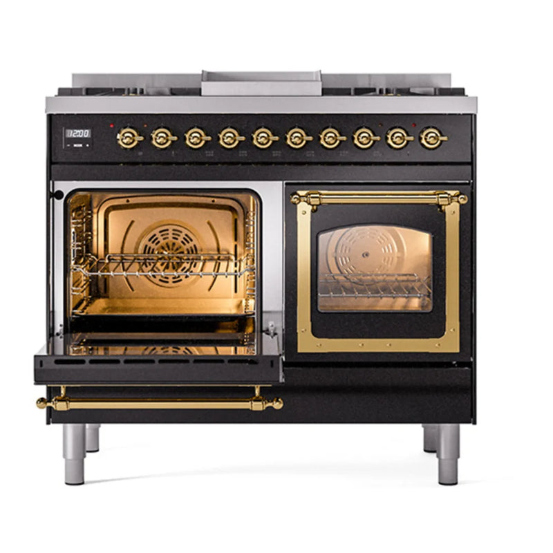 ILVE Nostalgie II Noblesse 40" Dual Fuel Freestanding Range in Glossy Black with Brass Trim, UND40FNMPBKGLP