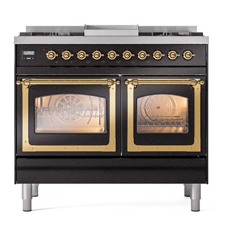 ILVE Nostalgie II Noblesse 40" Dual Fuel Freestanding Range in Glossy Black with Brass Trim, UND40FNMPBKGLP