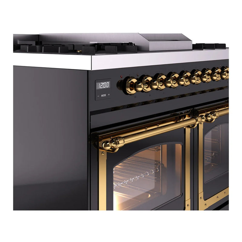ILVE Nostalgie II Noblesse 40" Dual Fuel Freestanding Range in Glossy Black with Brass Trim, UND40FNMPBKGLP