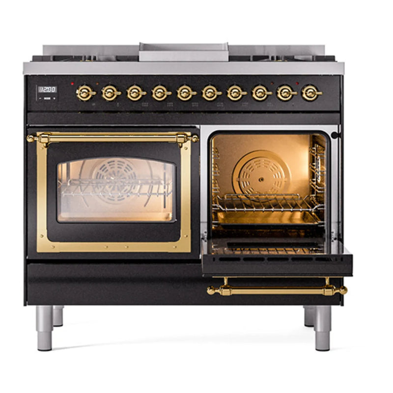 ILVE Nostalgie II Noblesse 40" Dual Fuel Freestanding Range in Glossy Black with Brass Trim, UND40FNMPBKG