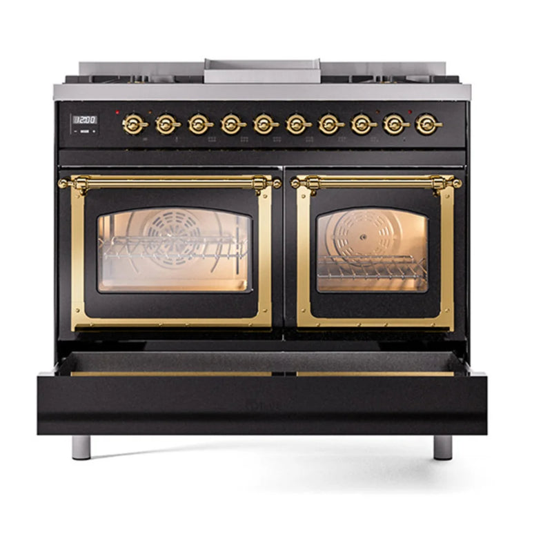 ILVE Nostalgie II Noblesse 40" Dual Fuel Freestanding Range in Glossy Black with Brass Trim, UND40FNMPBKG