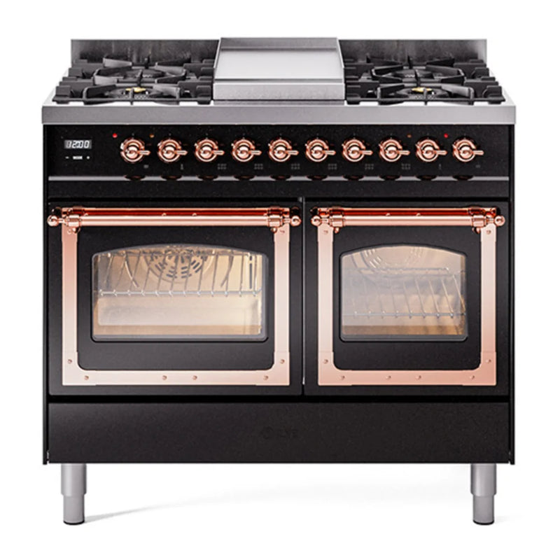 ILVE Nostalgie II Noblesse 40" Dual Fuel Freestanding Range in Glossy Black with Copper Trim, UND40FNMPBKPLP