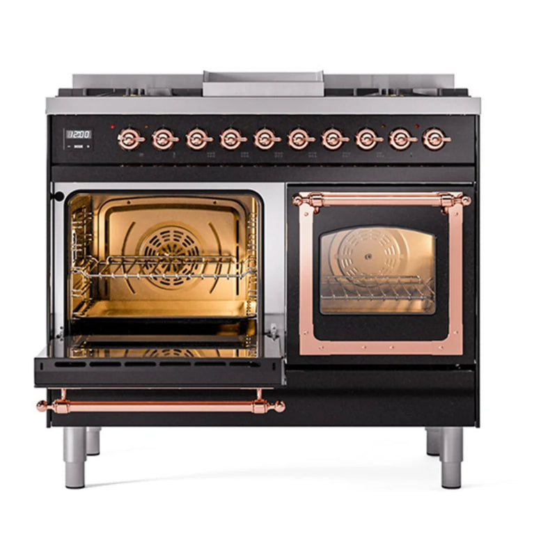ILVE Nostalgie II Noblesse 40" Dual Fuel Freestanding Range in Glossy Black with Copper Trim, UND40FNMPBKPLP