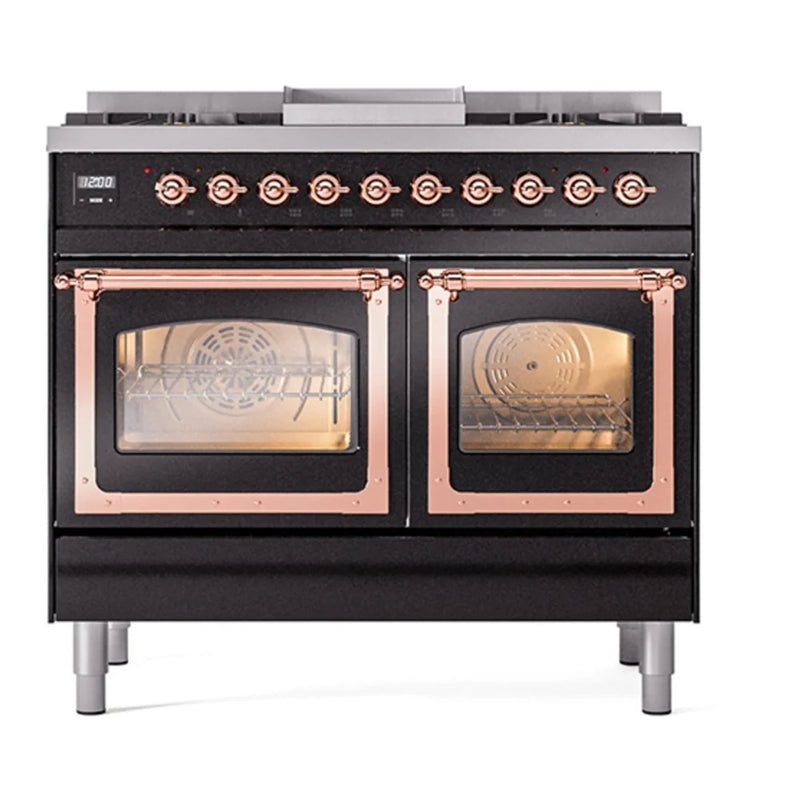 ILVE Nostalgie II Noblesse 40" Dual Fuel Freestanding Range in Glossy Black with Copper Trim, UND40FNMPBKPLP